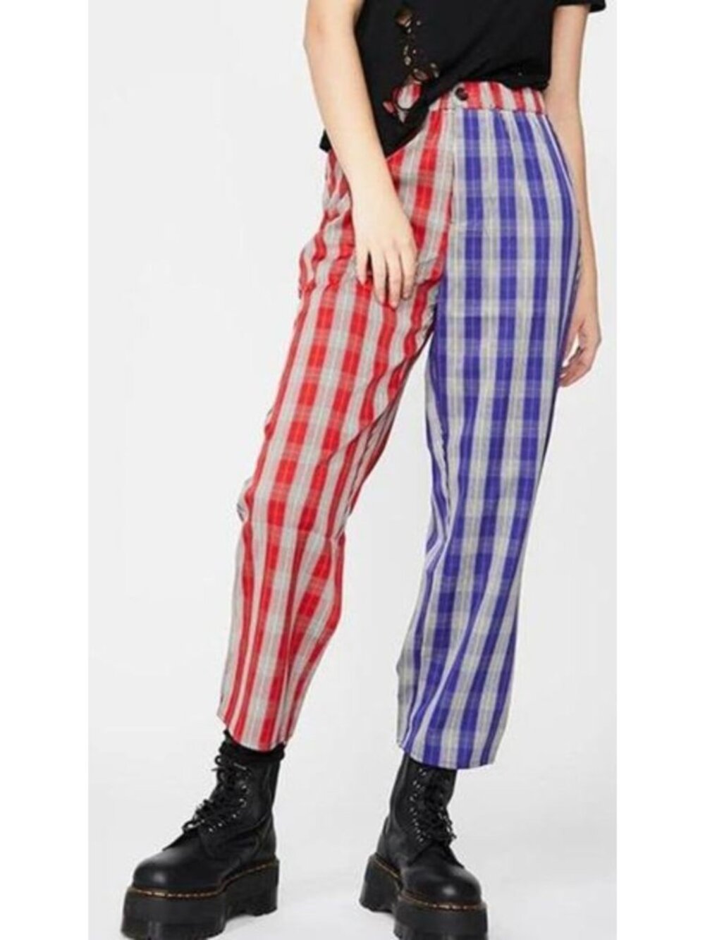 Cloud TEN Blue Red Plaid High Waist Ankle Trouser Pants Women Size S